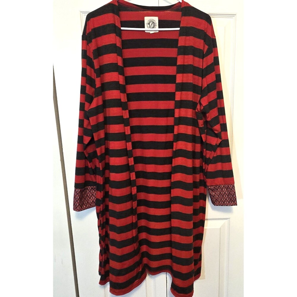 Tees2UrDoor Womens Long Open Cardigan Plus 2X/3X Striped Red/Dk Gray Stretch USA
